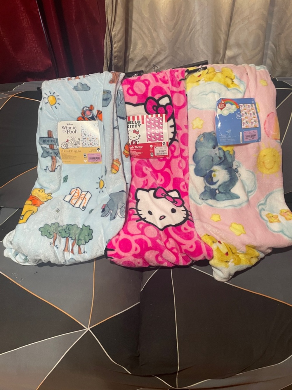 Winnie the Pooh, Hello Kitty & Care Bears Plush Throw Blankets - Set of 3